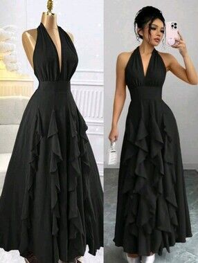 Chic Black Halter Ruffle Maxi Dress
